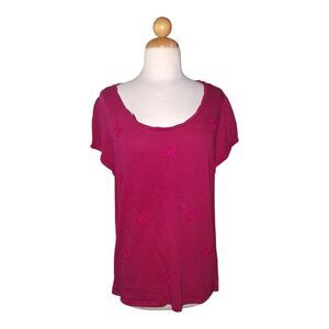 Women’s Elle Fuchsia Beaded Floral Tee Shirt Cap Sleeves Size XL